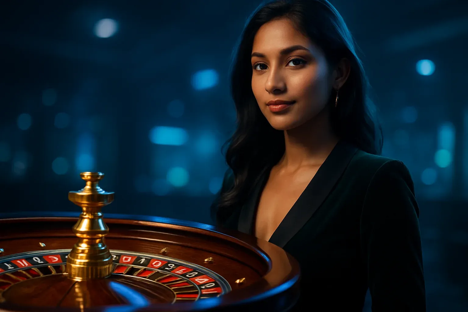 Confident Bangladeshi woman in luxury casino outfit by roulette wheel with cinematic lighting