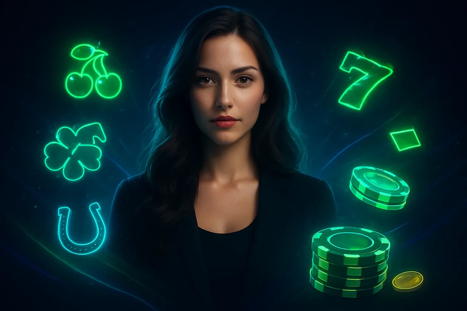 Ultra-high quality digital illustration of futuristic digital interface for online casino homepage banner with neon green and electric blue lighting